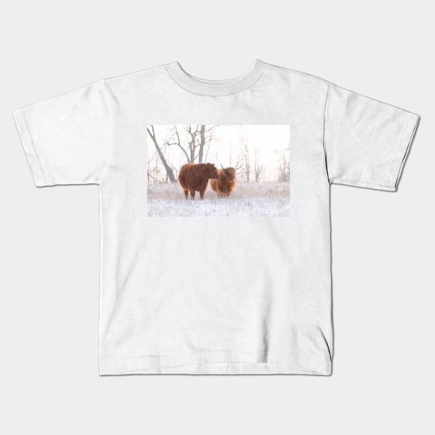 Highland Cattle in Love Kids T-Shirt by Jim Cumming